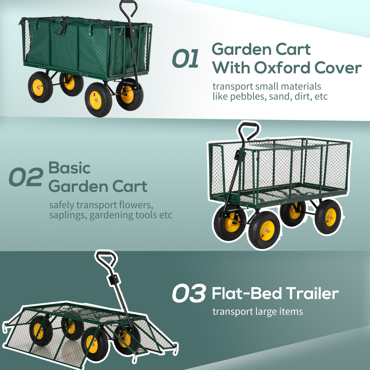 Outsunny Large 4 Wheel Garden Cart Truck Trolley with 342L Removable Fabric Bag, Removable Shelf, 350kg Load Capacity - Green