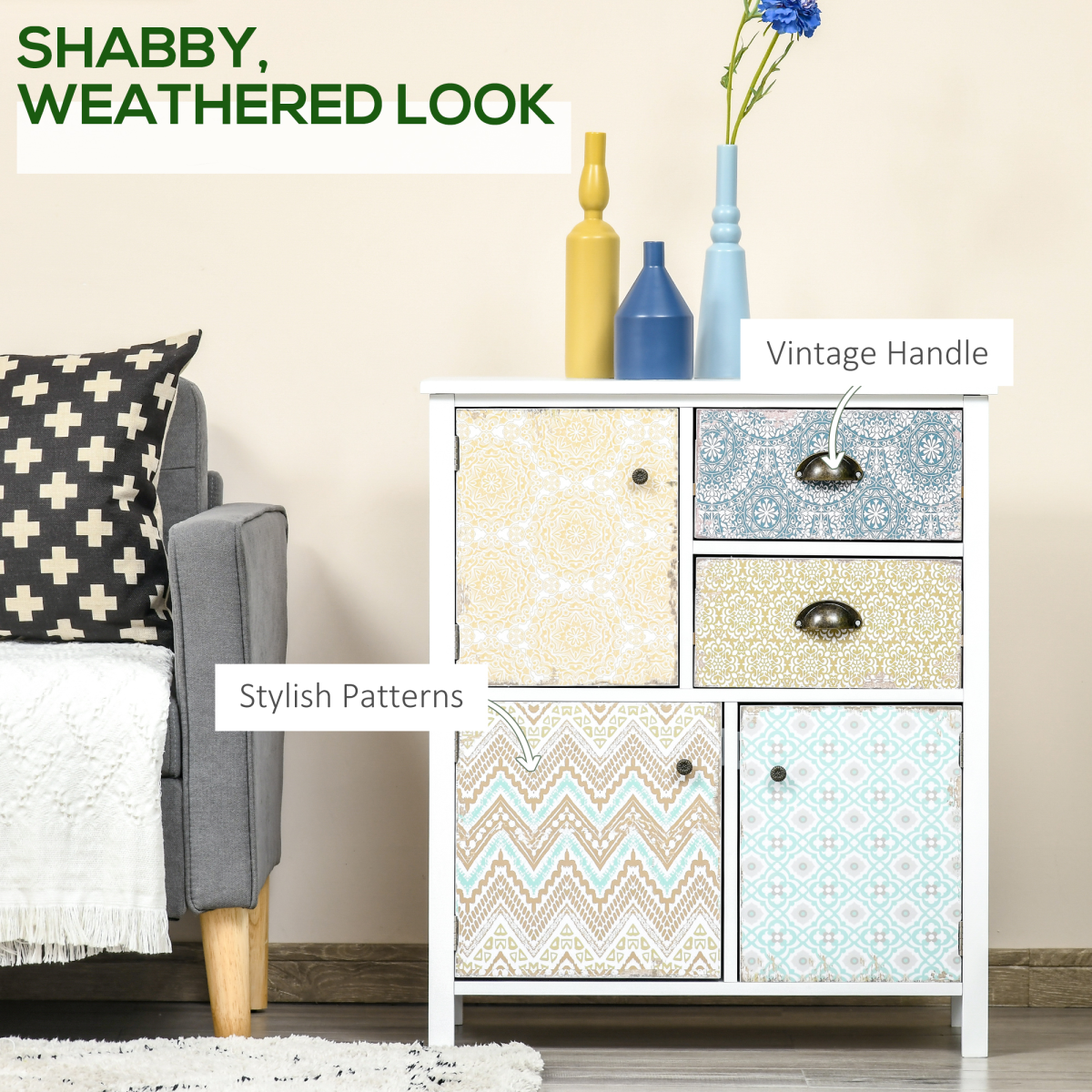 HOMCOM Bohemian Sideboard Storage Chest with 2 Drawers and 3 Cupboards, Colourful Pattern Design, Wood and MDF, Anti-Tipping Straps, Assembly Required