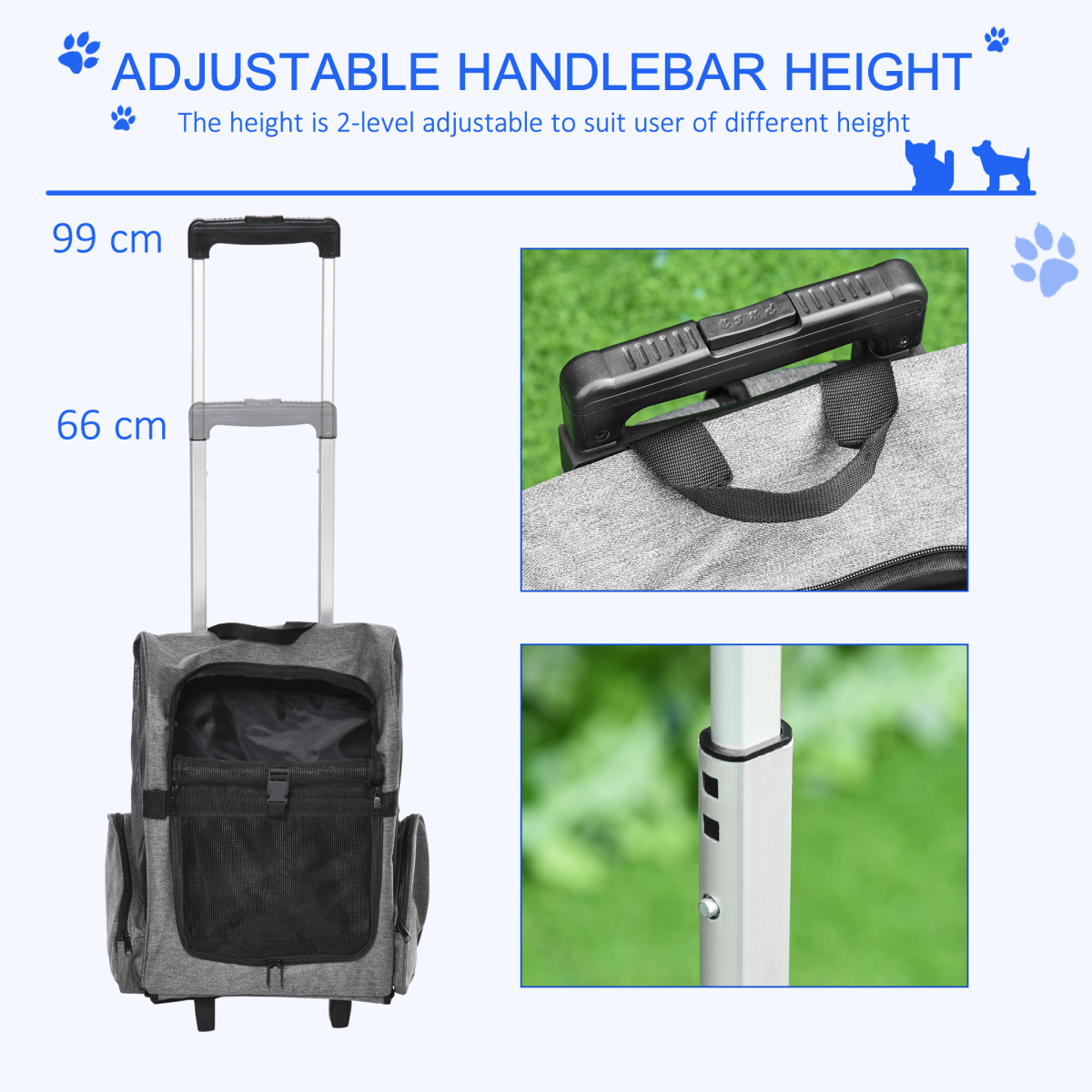 Pawhut 2-in-1 Pet Travel Backpack Carrier with Trolley, Telescopic Handle, Detachable Wheels, Grey