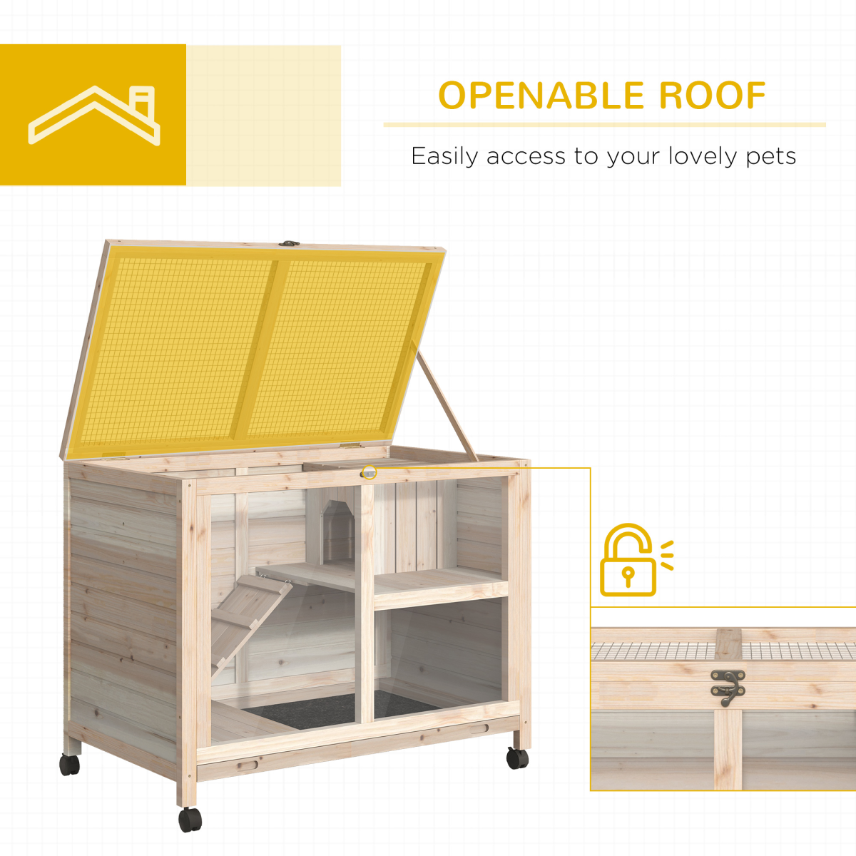 PawHut Indoor Rabbit Hutch for Rabbits, Guinea Pigs and Large Rodents, 2-Tier Wooden Cage with Openable Roof, Large Entrance, Latch Door and Pull-Out Tray, Natural