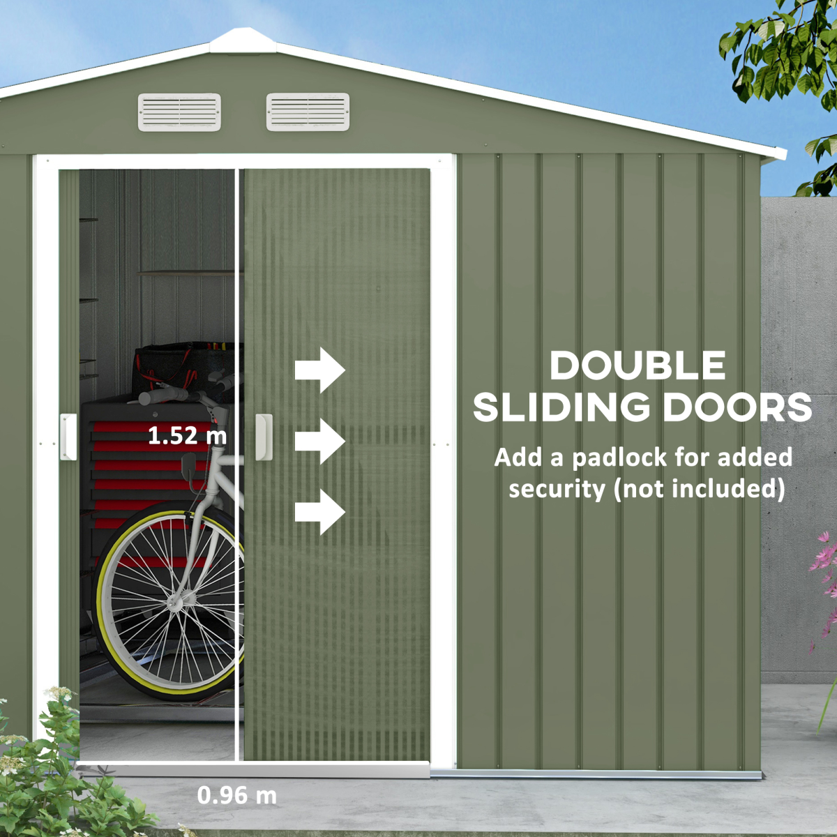 9 x 6FT Green Metal Garden Storage Shed with Sliding Double Doors, Ventilation, Sloping Roof and Floor Foundation