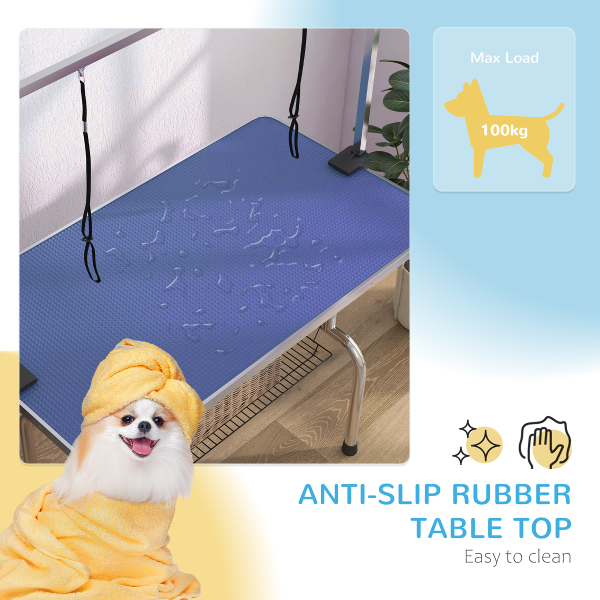 Adjustable Metal Dog Grooming Table with Rubber Top, 2 Safety Slings, Mesh Tray, PawHut