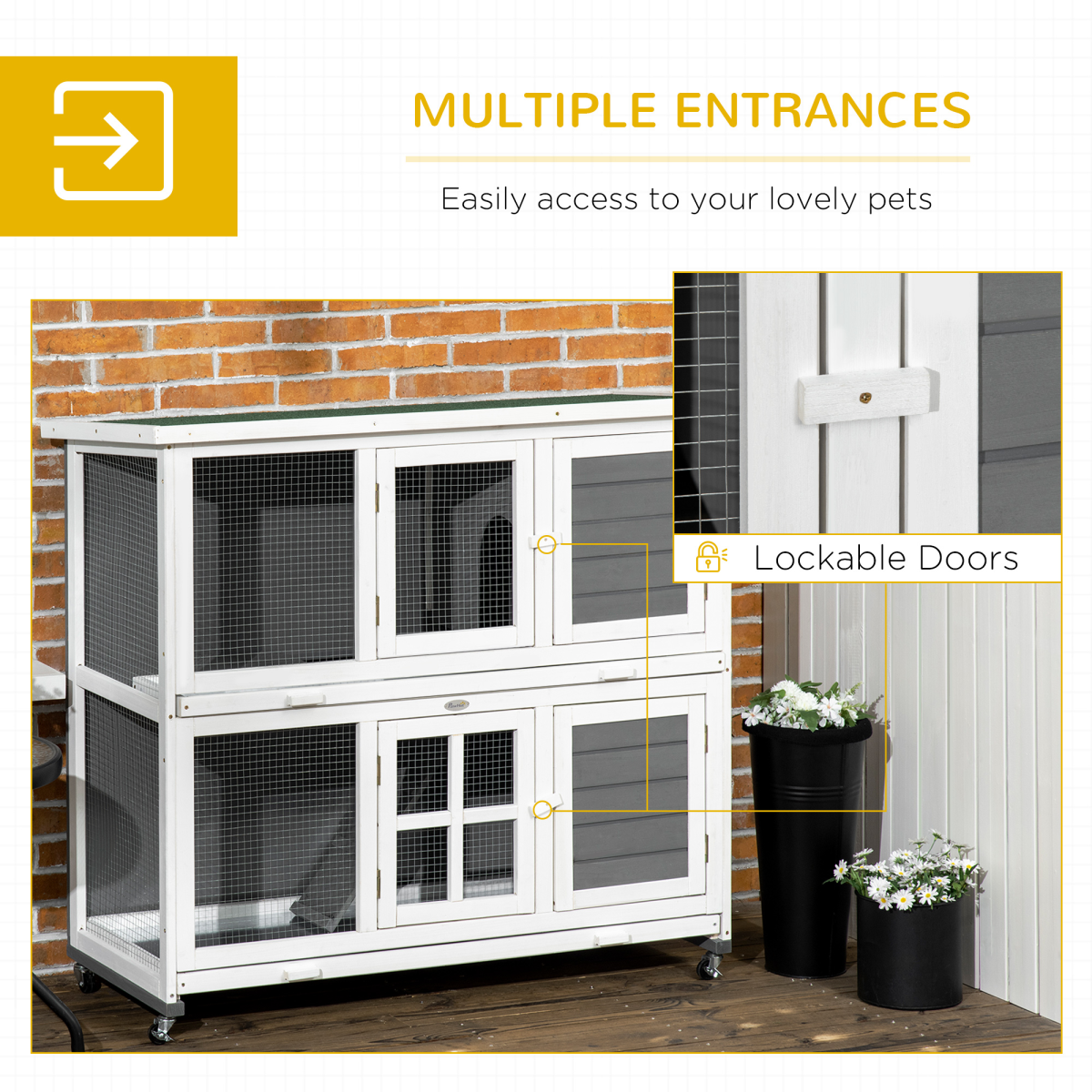 PawHut Wooden Two-Tier Rabbit Hutch with Wheels, Removable Trays, Lockable Doors, Grey