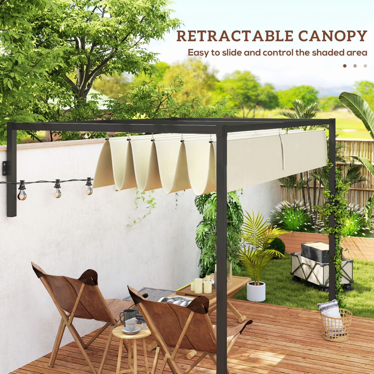 Outsunny 2 x 3 m Wall Mounted Pergola with Retractable Roof, Khaki