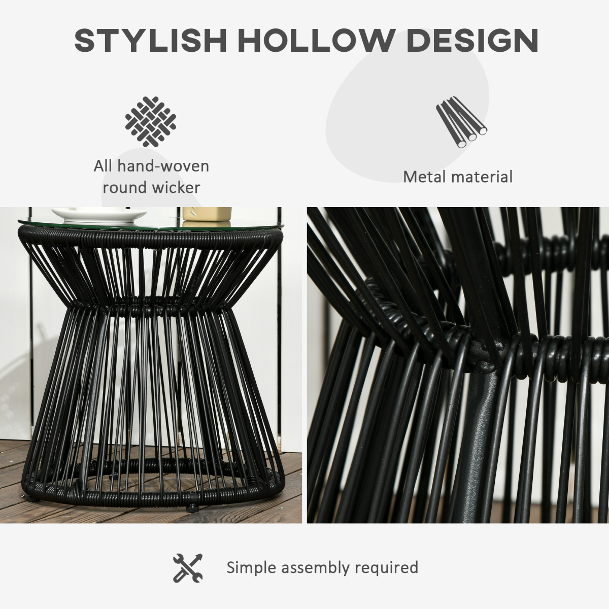 Outsunny Black PE Rattan Round End Table with Tempered Glass Top, Hollow Drum Design