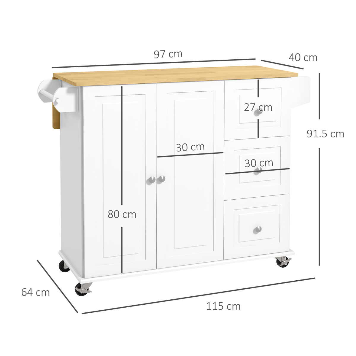HOMCOM White Kitchen Island Cart with Drop Leaf, Wheels & Storage