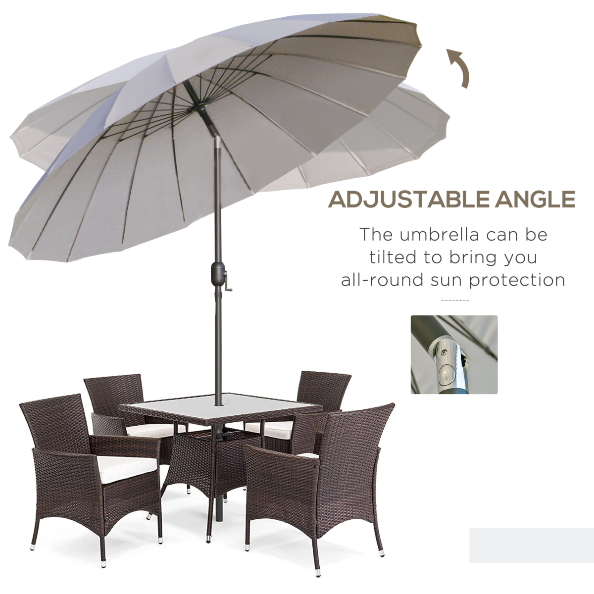 Outsunny 2.5m Round Curved Adjustable Garden Parasol Sun Umbrella with Metal Pole, Light Grey