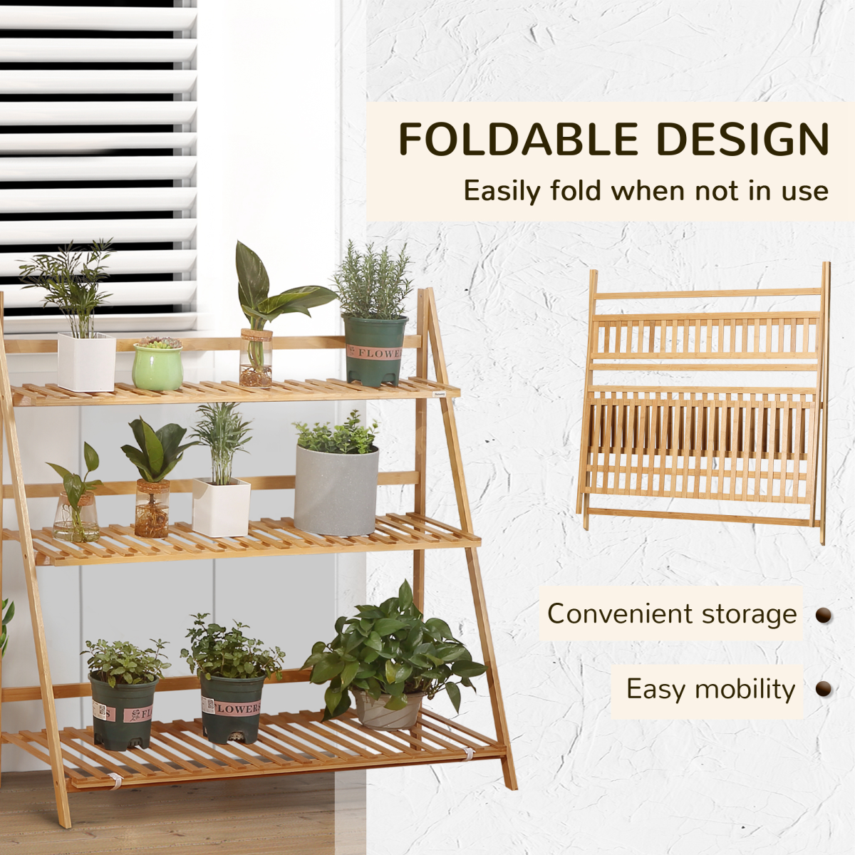 Outsunny Folding 3-Tier Bamboo Plant Stand Shelf for Indoor & Outdoor