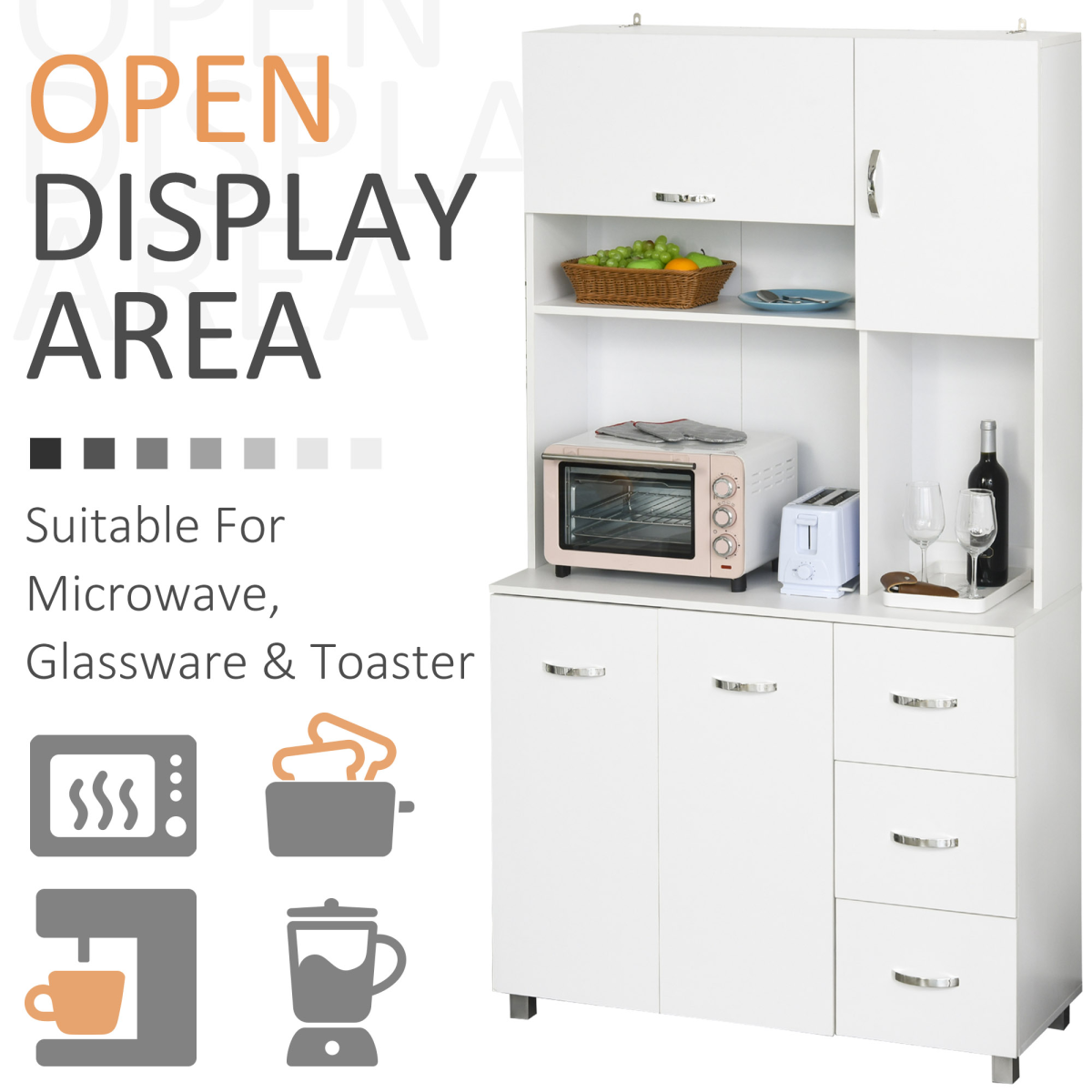 Freestanding White Kitchen Storage Cabinet with Drawers & Cupboards