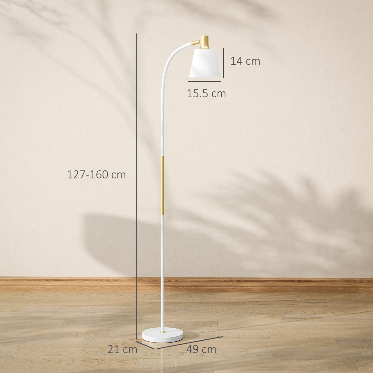HOMCOM Adjustable Height Spotlight Floor Reading Lamp, White and Gold