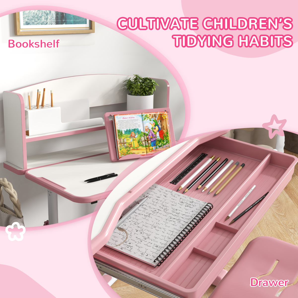 ZONEKIZ Adjustable Kids Desk and Chair Set with Drawer, Bookshelf, Pink