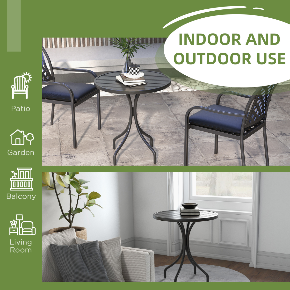 Outsunny Round Black Garden Side Table with Slatted Top, Galvanised Steel Frame, 66cm Dia.