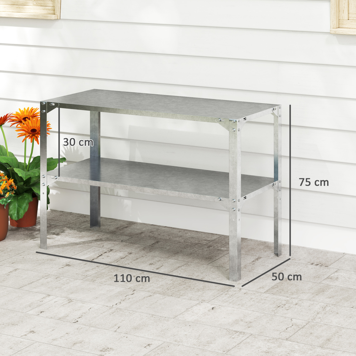 Outsunny 2 Tier Galvanised Steel Potting Bench Table, Silver Tone, Outdoor Gardening Work Bench with Storage Shelves