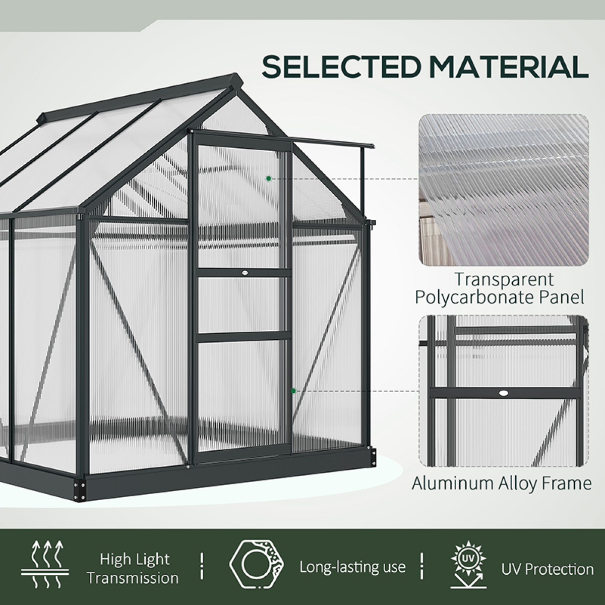 Outsunny 6x6ft Walk-In Polycarbonate Greenhouse, Aluminium Frame, Sliding Door