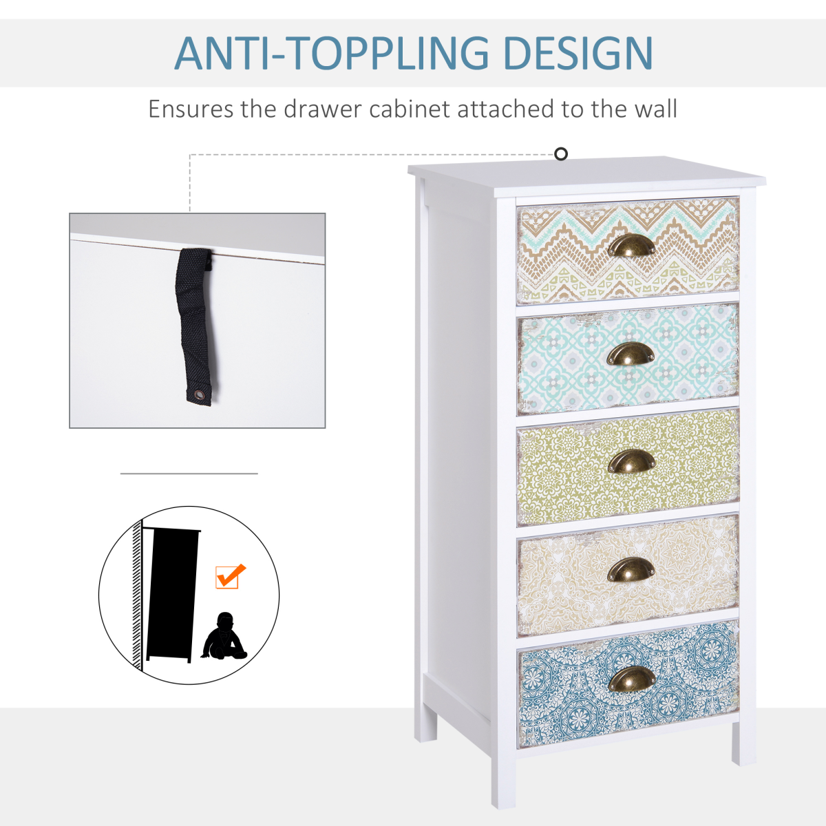 HOMCOM 5 Drawer Vintage Style Storage Chest Dresser, White Wood Effect, Entryway Bedroom Bedroom Storage Cabinet