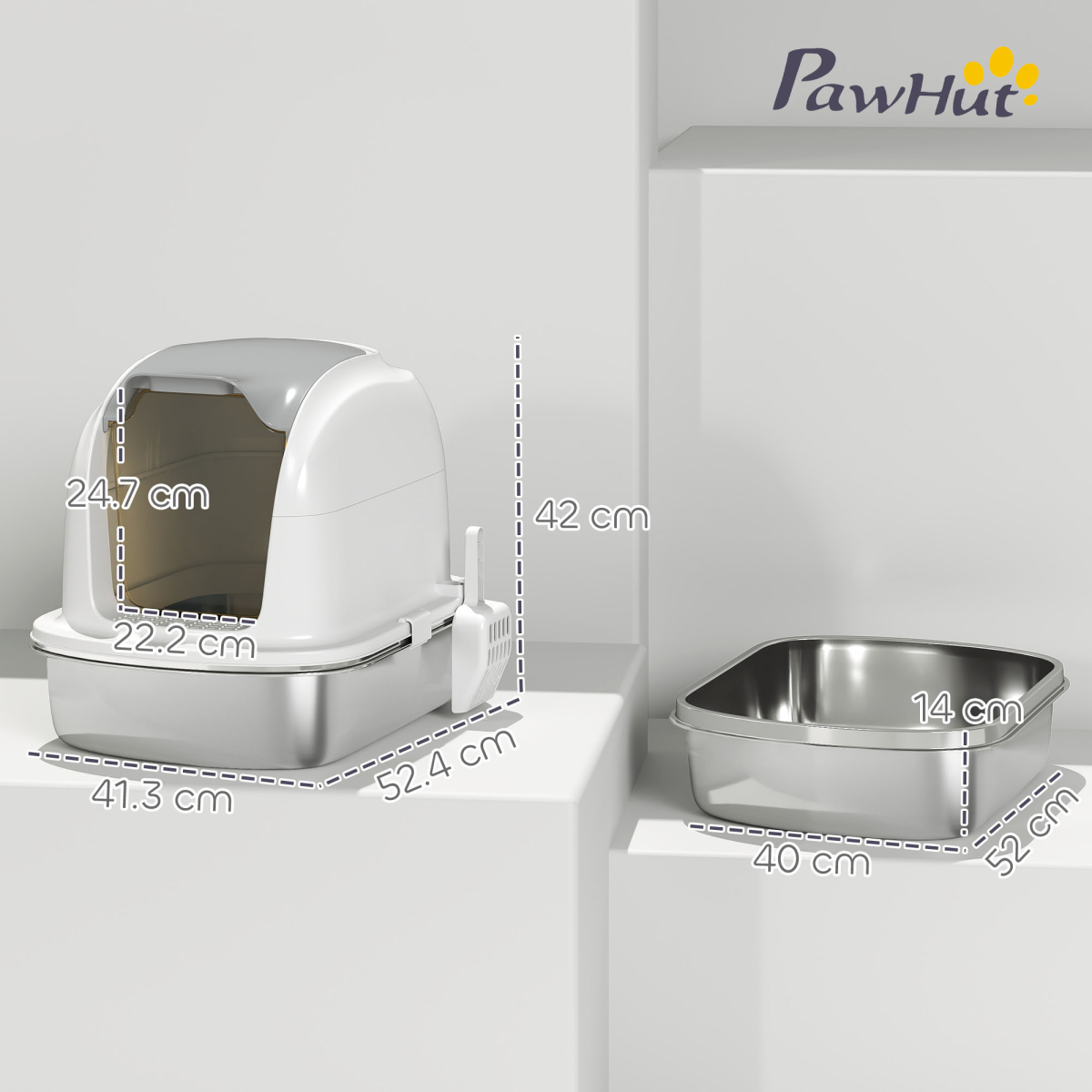 PawHut Enclosed Stainless Steel Cat Litter Tray with Lid and Deodoriser Compartment