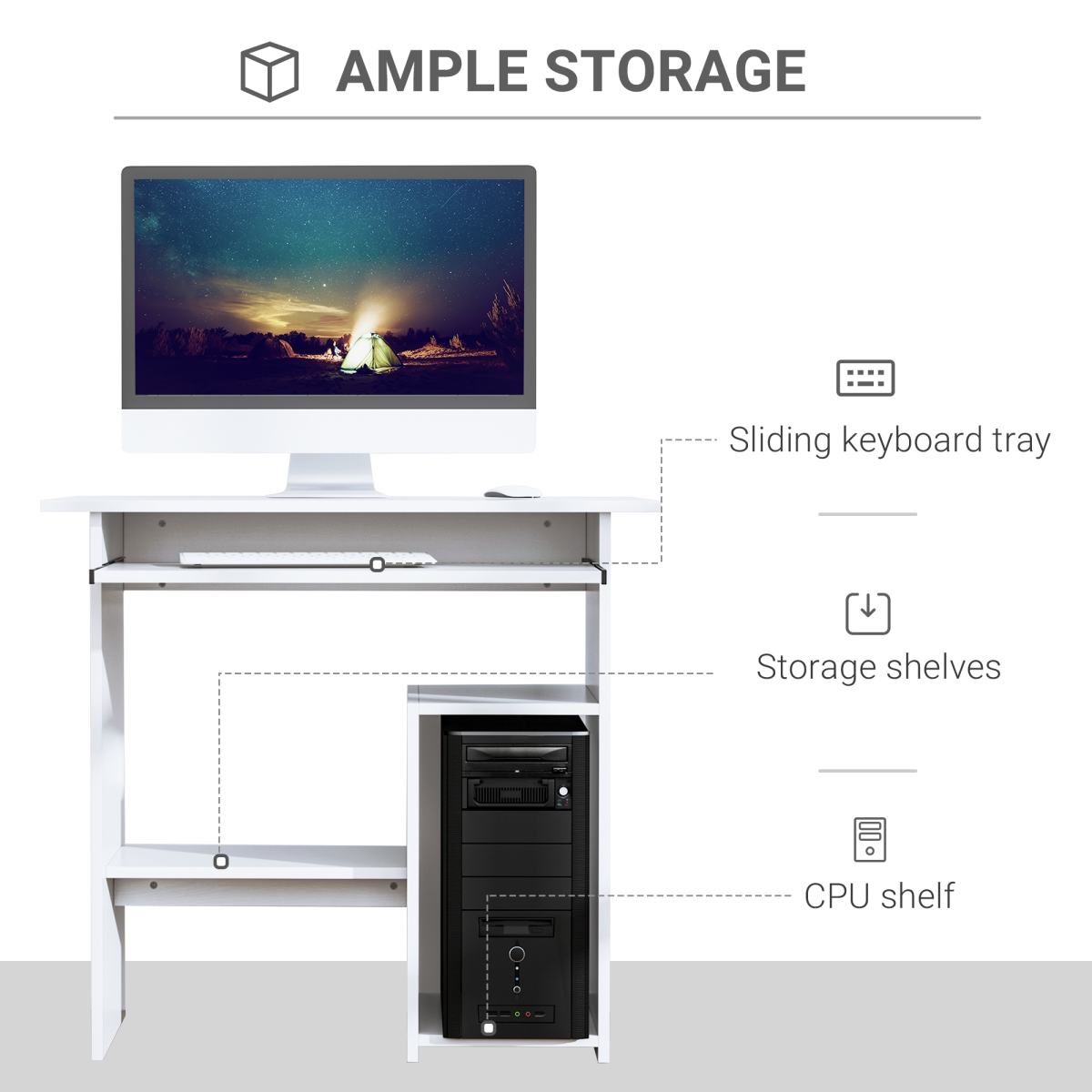 HOMCOM Computer Desk with Slide-Out Keyboard Tray, 2 Storage Shelves, White, 73.5H cm