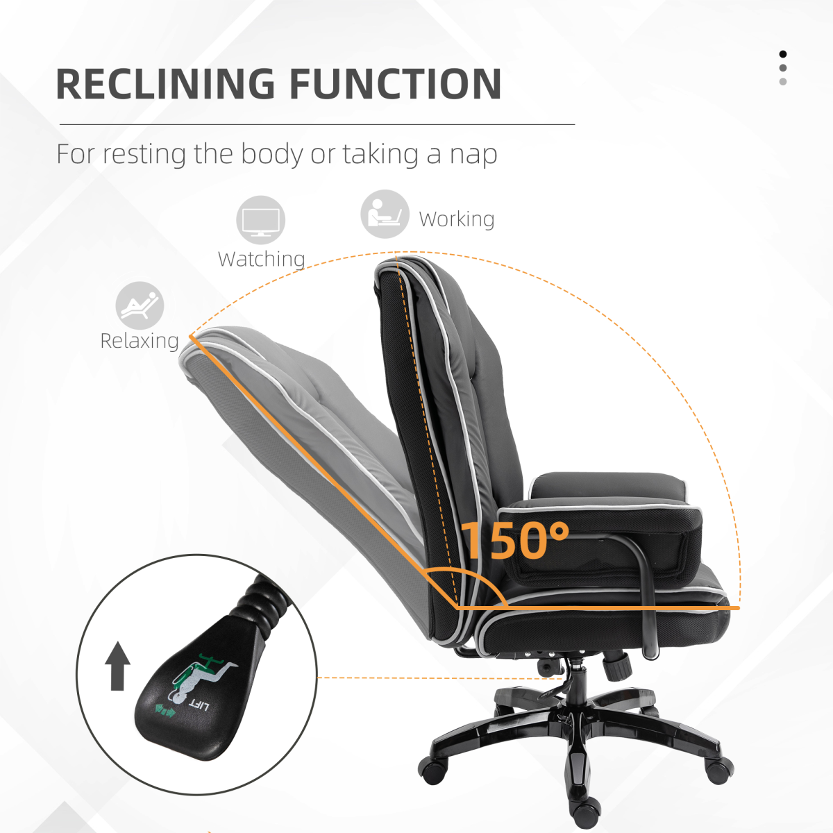 Black Piped PU Leather High Back Reclining Swivel Office Gaming Chair with Adjustable Height, Black