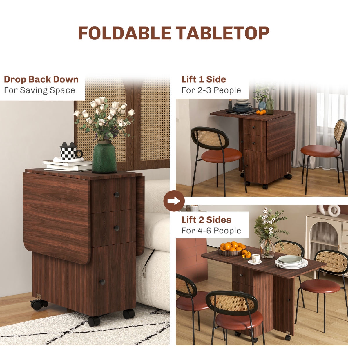 HOMCOM Folding Drop Leaf Dining Table with Drawers, Distressed Brown