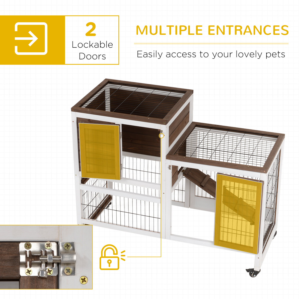 Wooden Rabbit Hutch with Wheels, Indoor Small Pet Cage 110 x 50 x 86cm