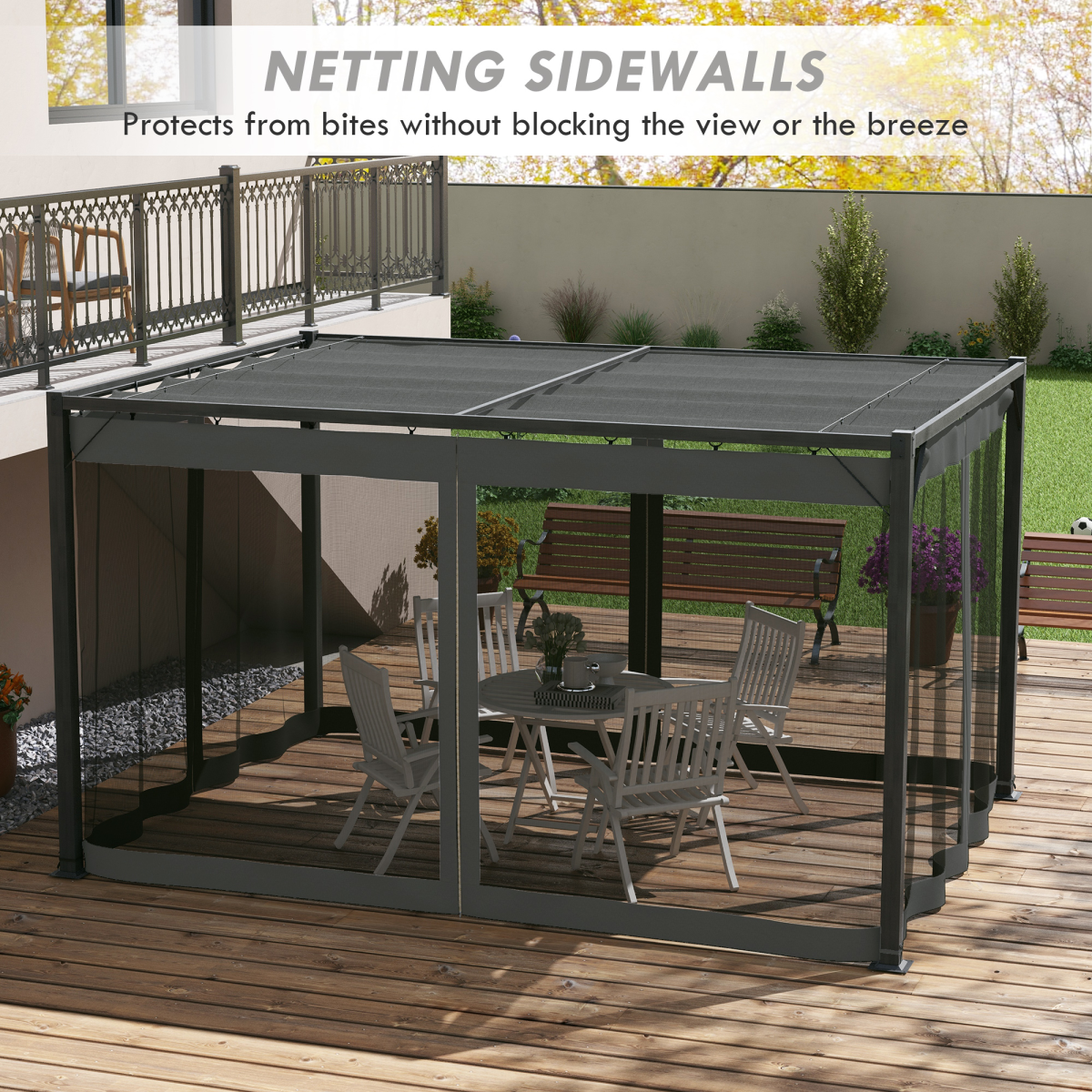 Outsunny 3 x 4m Dark Grey Pergola with Retractable Roof, Net Curtains and Aluminium Frame