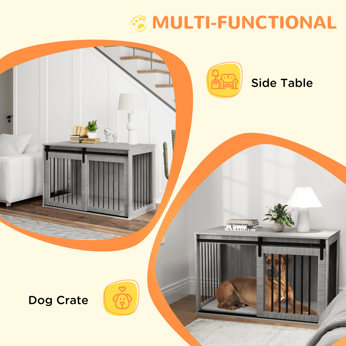 PawHut Dog Crate Furniture Side Table for Extra Large Dogs, Grey