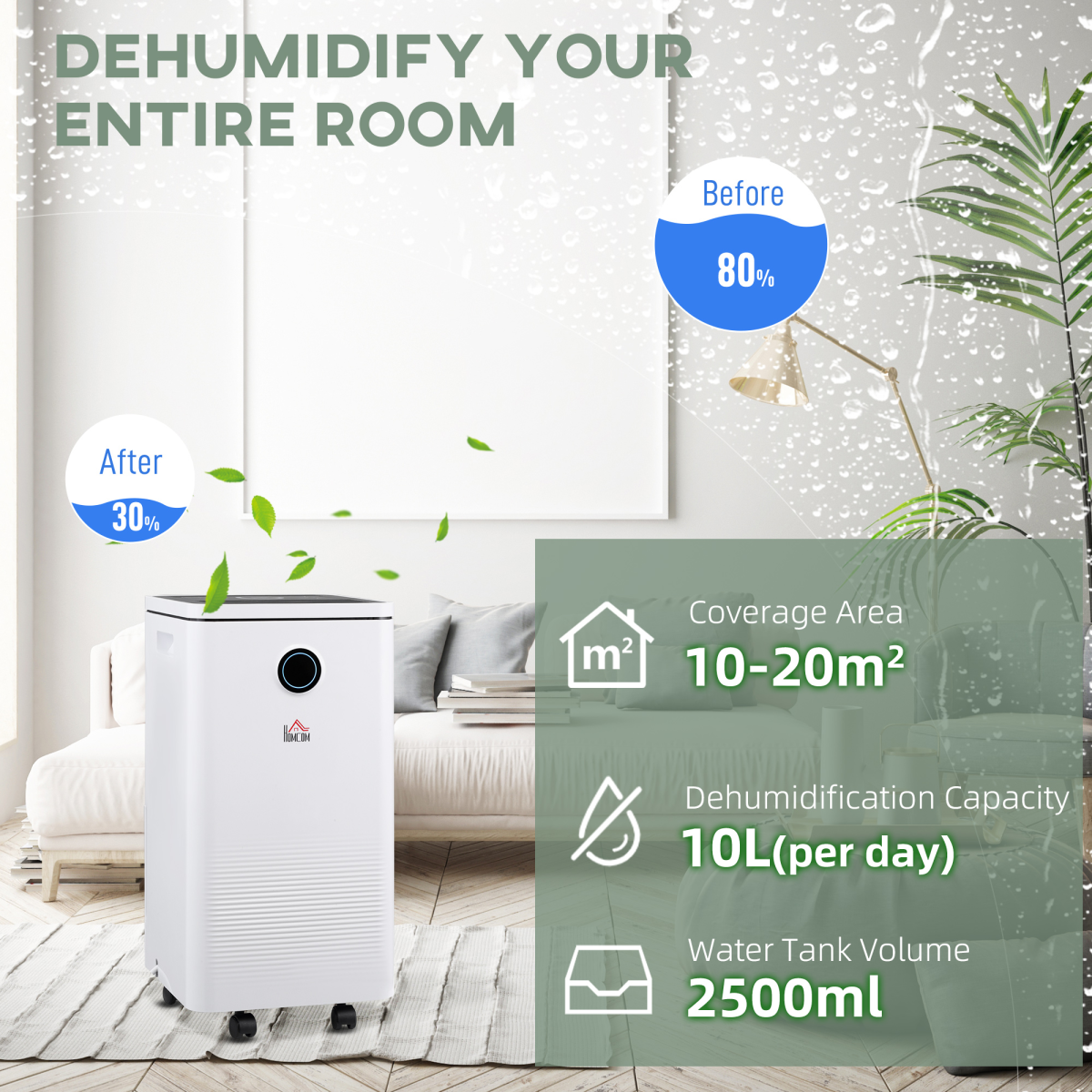 HOMCOM 10L/Day Portable Quiet Dehumidifier with 2.5L Tank, 2 Speed, 4 Modes, 42dB, 24H Timer for Home Laundry Room
