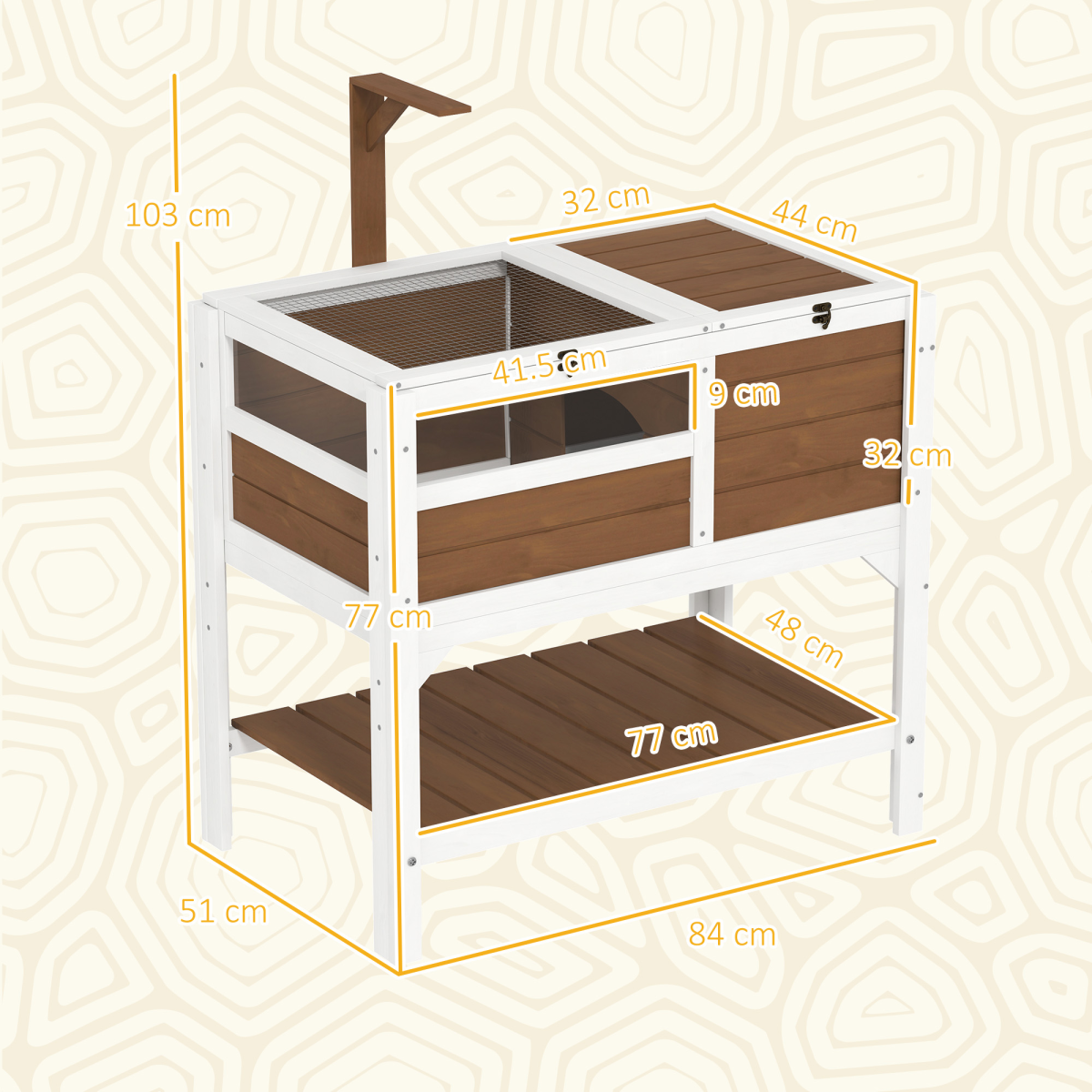 PawHut Wooden Tortoise House with Run, Shelter, Shelf and Lamp Holder, Brown and White