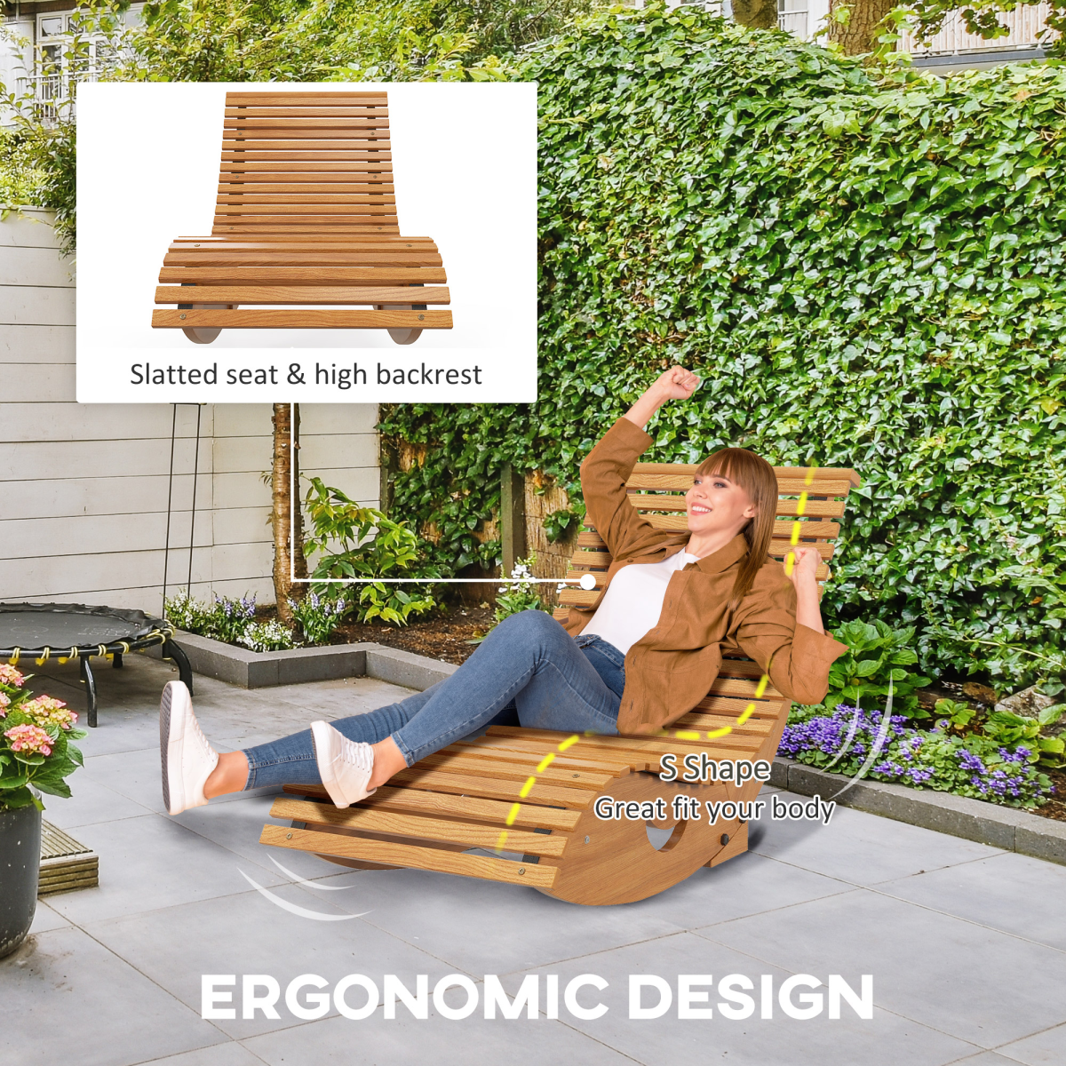 Outsunny Outdoor Wooden Rocking Chair with Slatted Seat, Teak