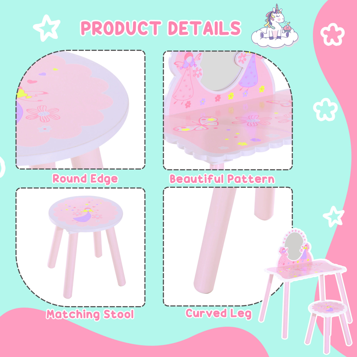 Pink Kids Dressing Table Vanity Set with Mirror and Chair, Girls Make Up Play Set