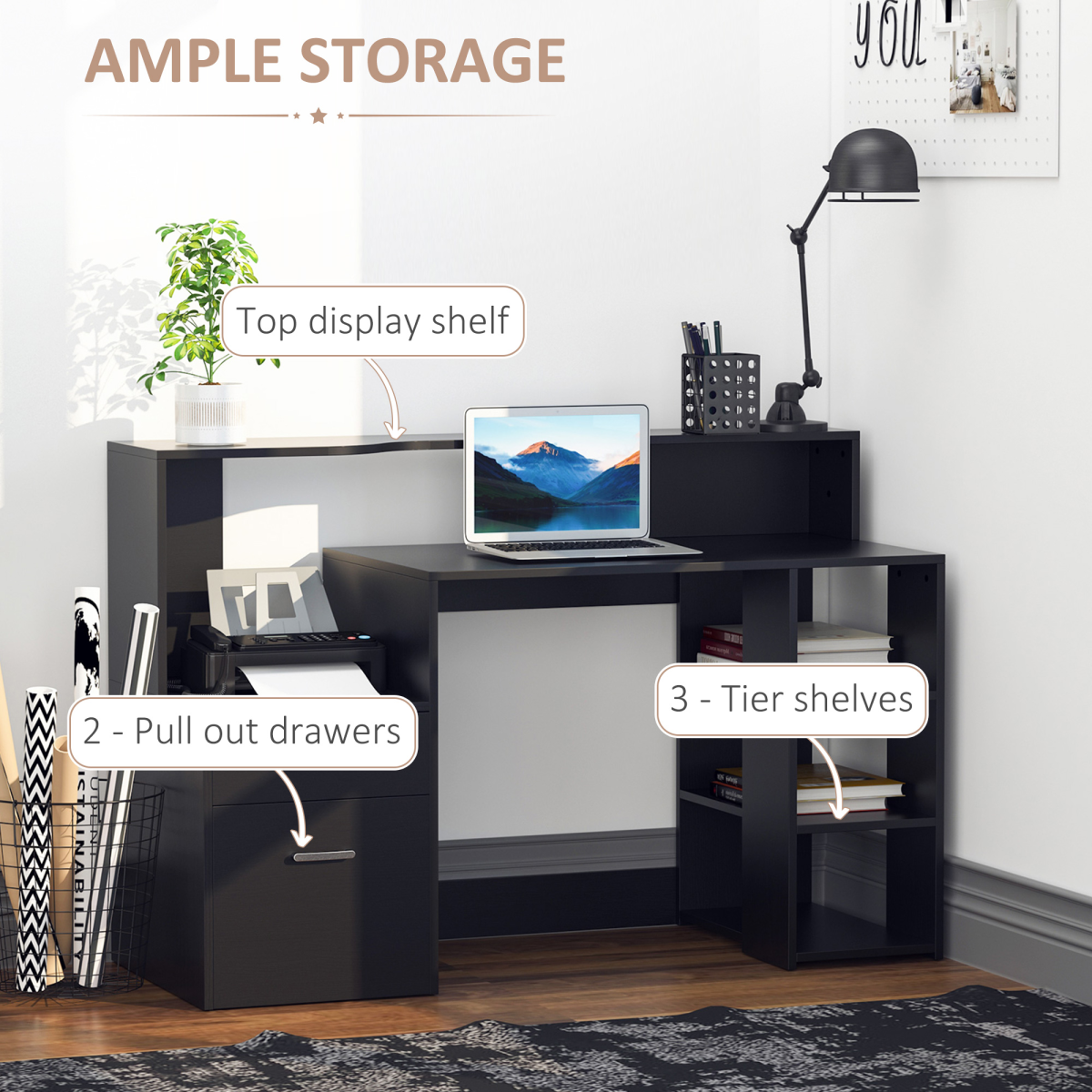 HOMCOM Multi-Storage Workstation Desk Table with Side Shelves, Drawer Cabinet and Printer Space, Black
