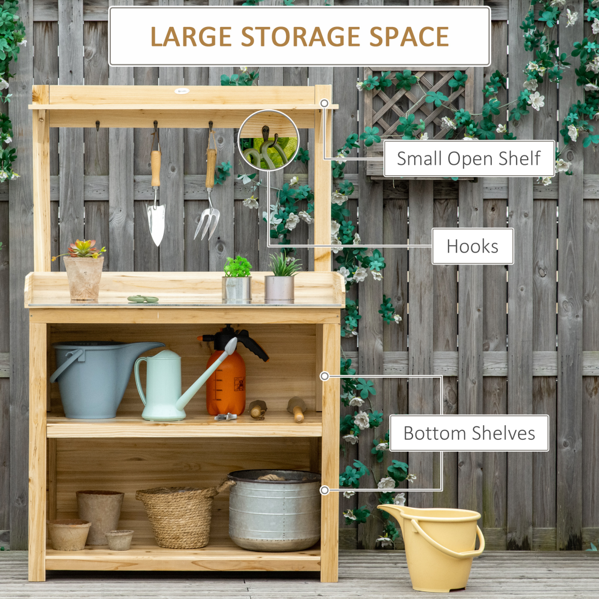 Outsunny Garden Potting Bench with Metal Top and Storage Shelves