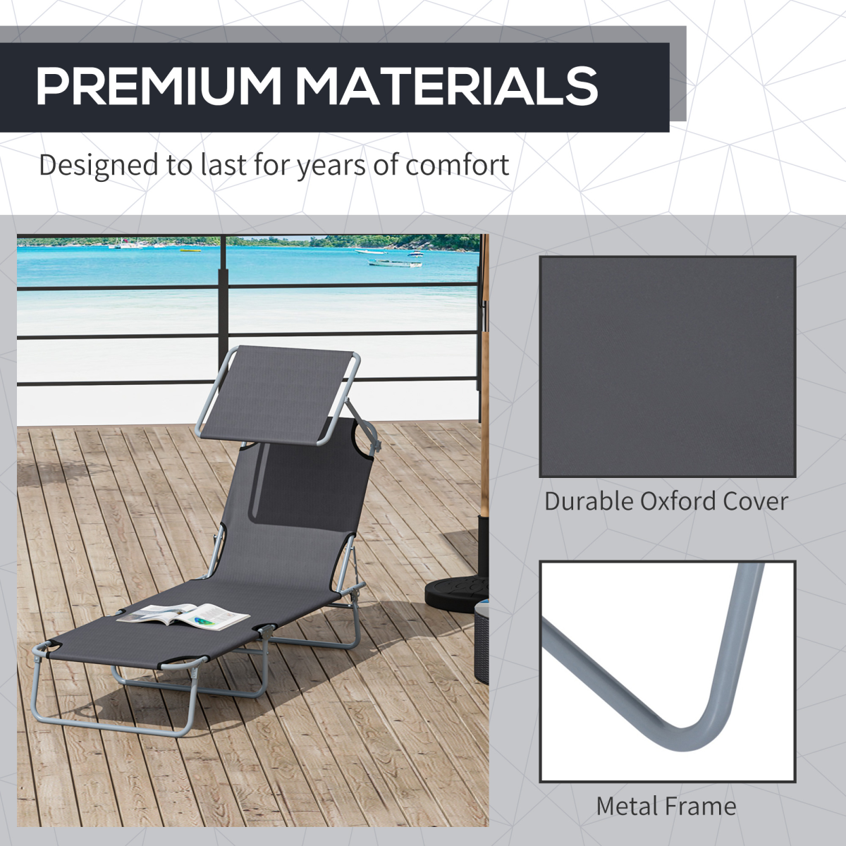 Outsunny Folding Sun Lounger Recliner with Adjustable Awning, Grey