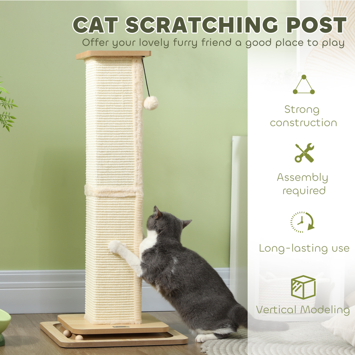 PawHut 87cm 3-in-1 Cat Scratching Post with Track Ball Toy