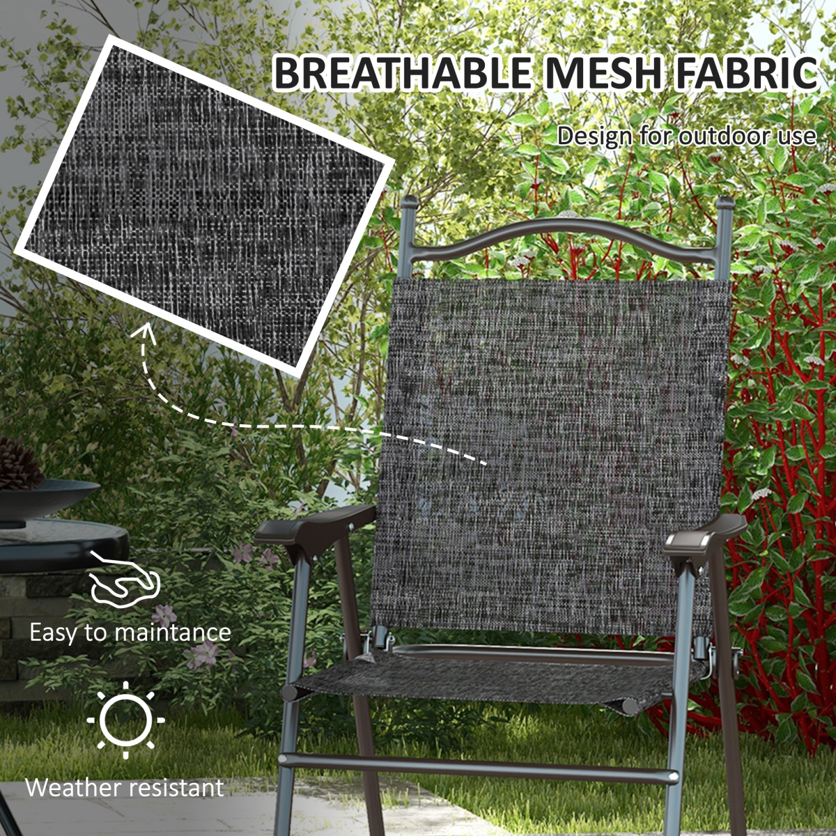 Outsunny Set of 2 Folding Chairs with Armrests, Breathable Mesh Seat, Grey
