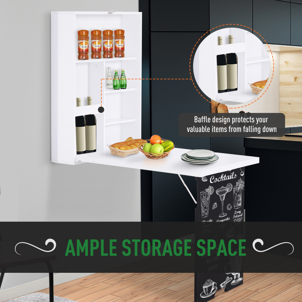 HOMCOM White MDF Wall-Mounted Folding Drop-Leaf Table with Chalkboard Shelf