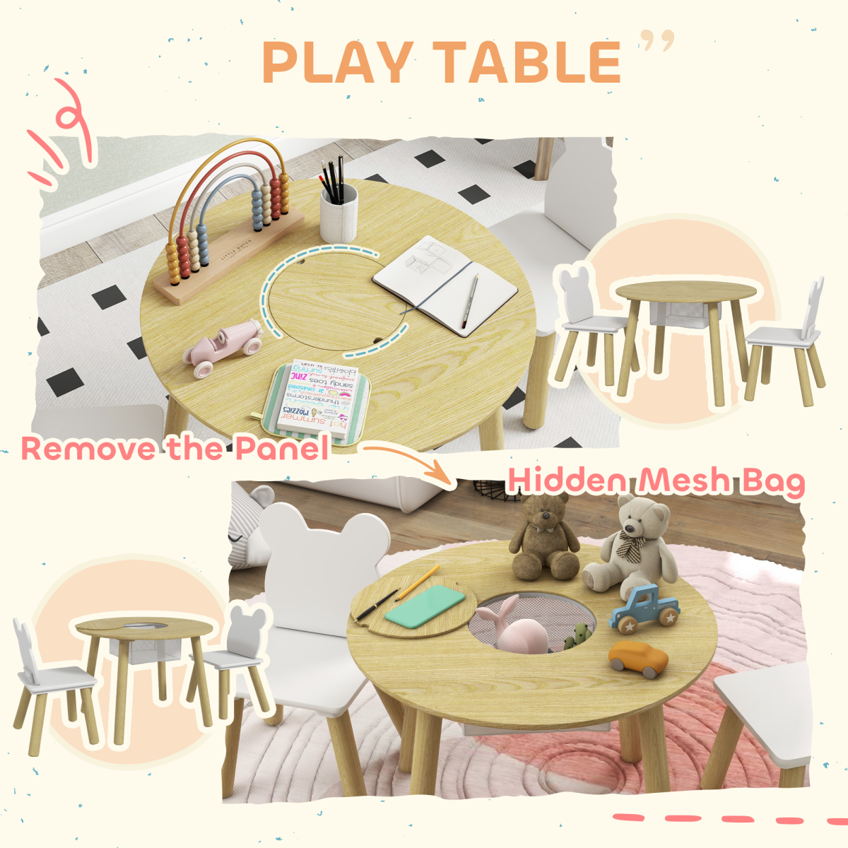 AIYAPLAY 3-Piece Toddler Table and 2 Chair Set with Mesh Bag