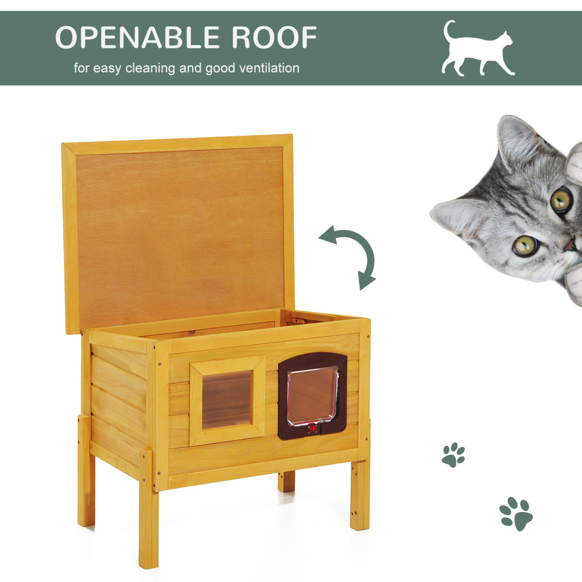 Wooden Outdoor Cat House with Openable Roof, Waterproof Asphalt Roof, Transparent Window, Lockable Door, Detachable Legs, Solid Fir Wood Frame