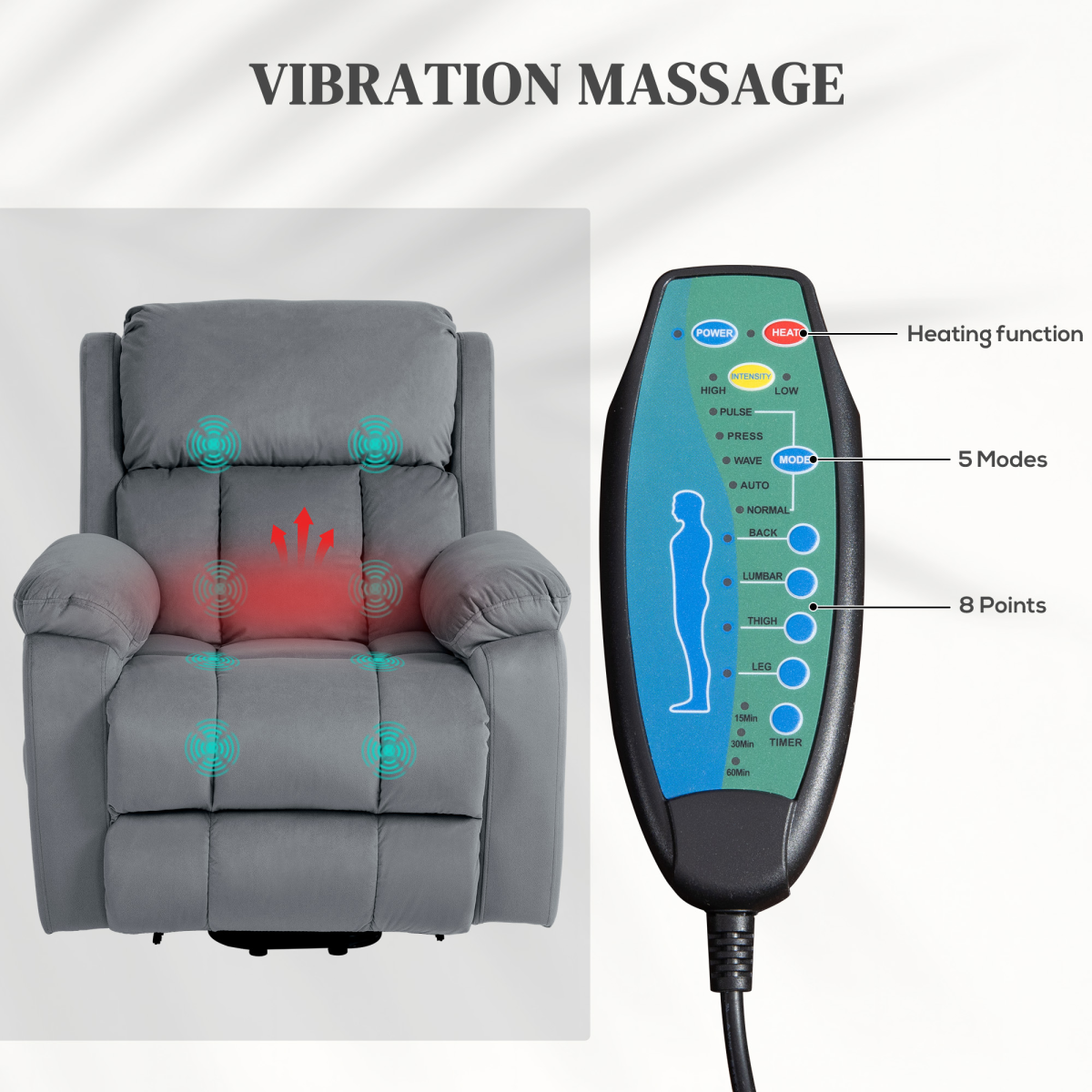 HOMCOM Grey Electric Lift Riser Recliner Chair with Massage & Heat