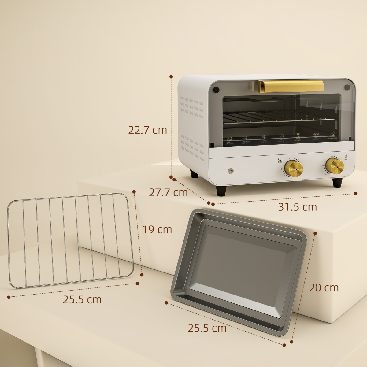 HOMCOM 12L Mini Countertop Toaster Oven, 750W, Glass Door, White