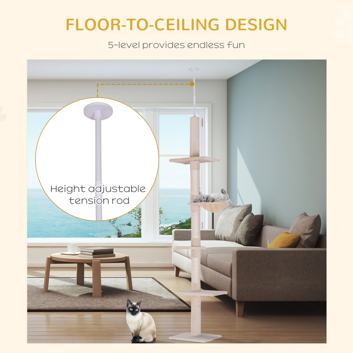 Pawhut 5-Tier Floor to Ceiling Cat Tree with Scratching Post, Adjustable 230-260cm Kitty Tower Activity Center
