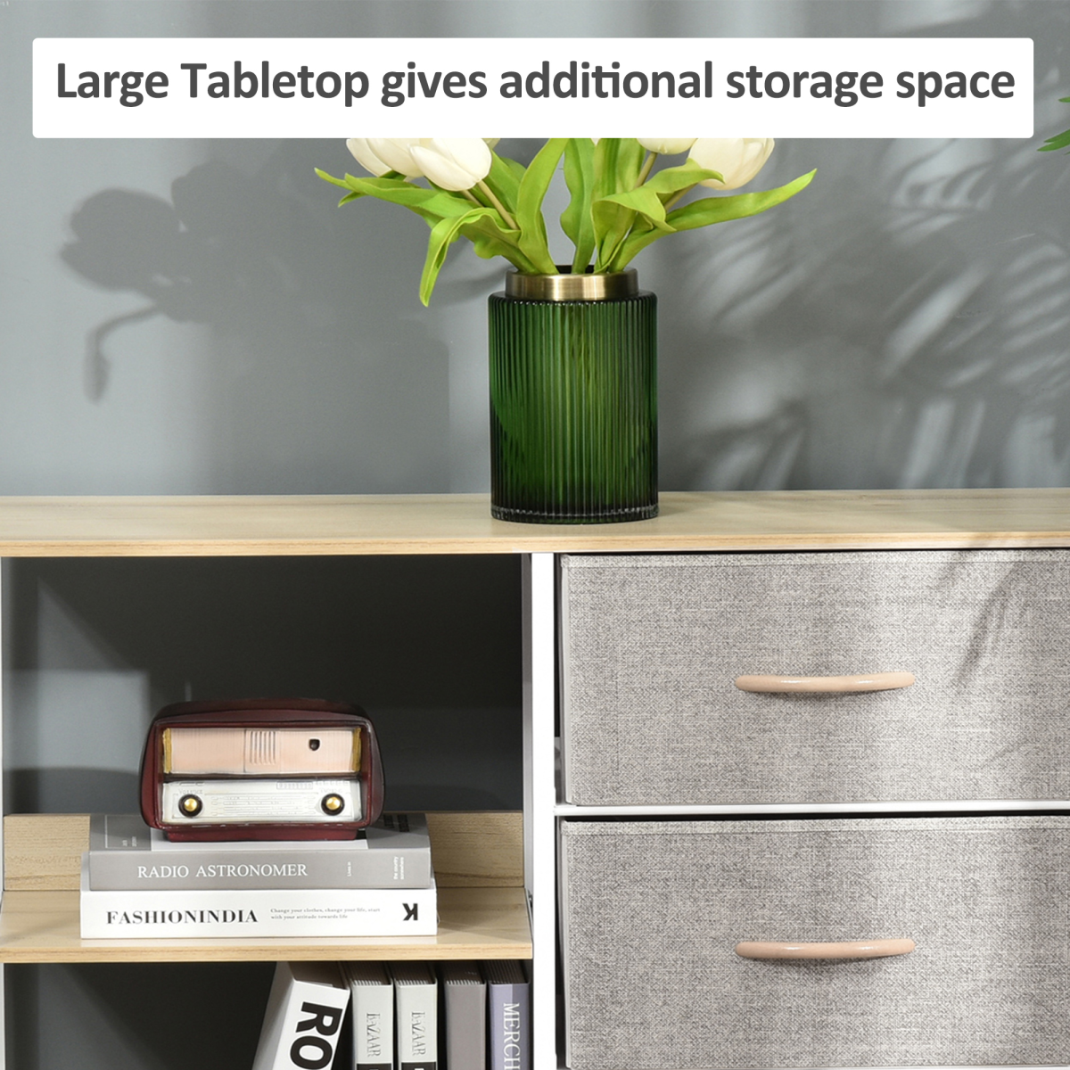 Beige Chest Dresser with 3 Drawers, 3 Shelves and Metal Frame