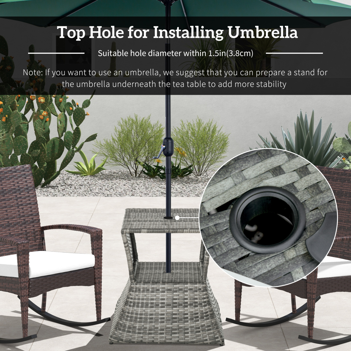 Outsunny Grey Rattan Coffee Table with Umbrella Hole & Storage Shelf