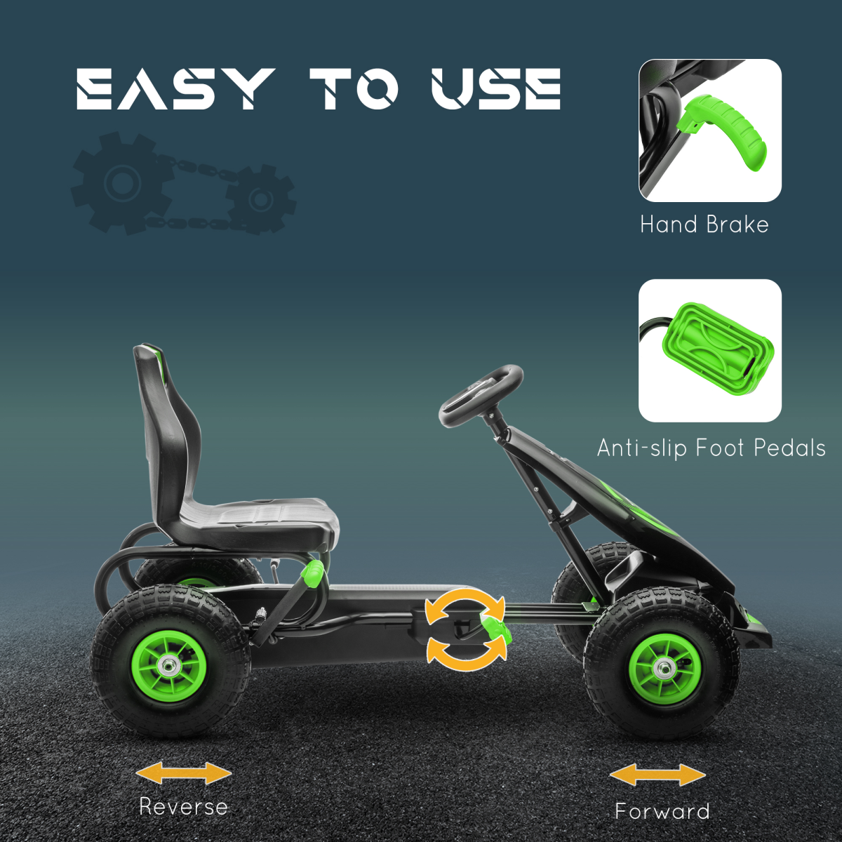 HOMCOM Kids Pedal Go Kart with Adjustable Seat, Rubber Wheels & Brake, Green