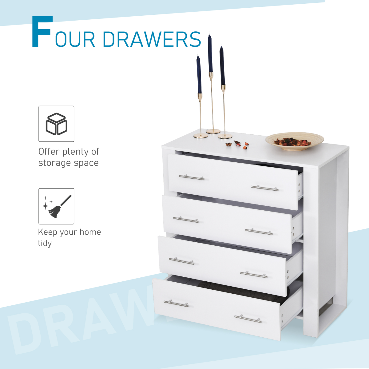 White 4-Drawer Chest of Drawers, Metal Handles, Storage Cabinet