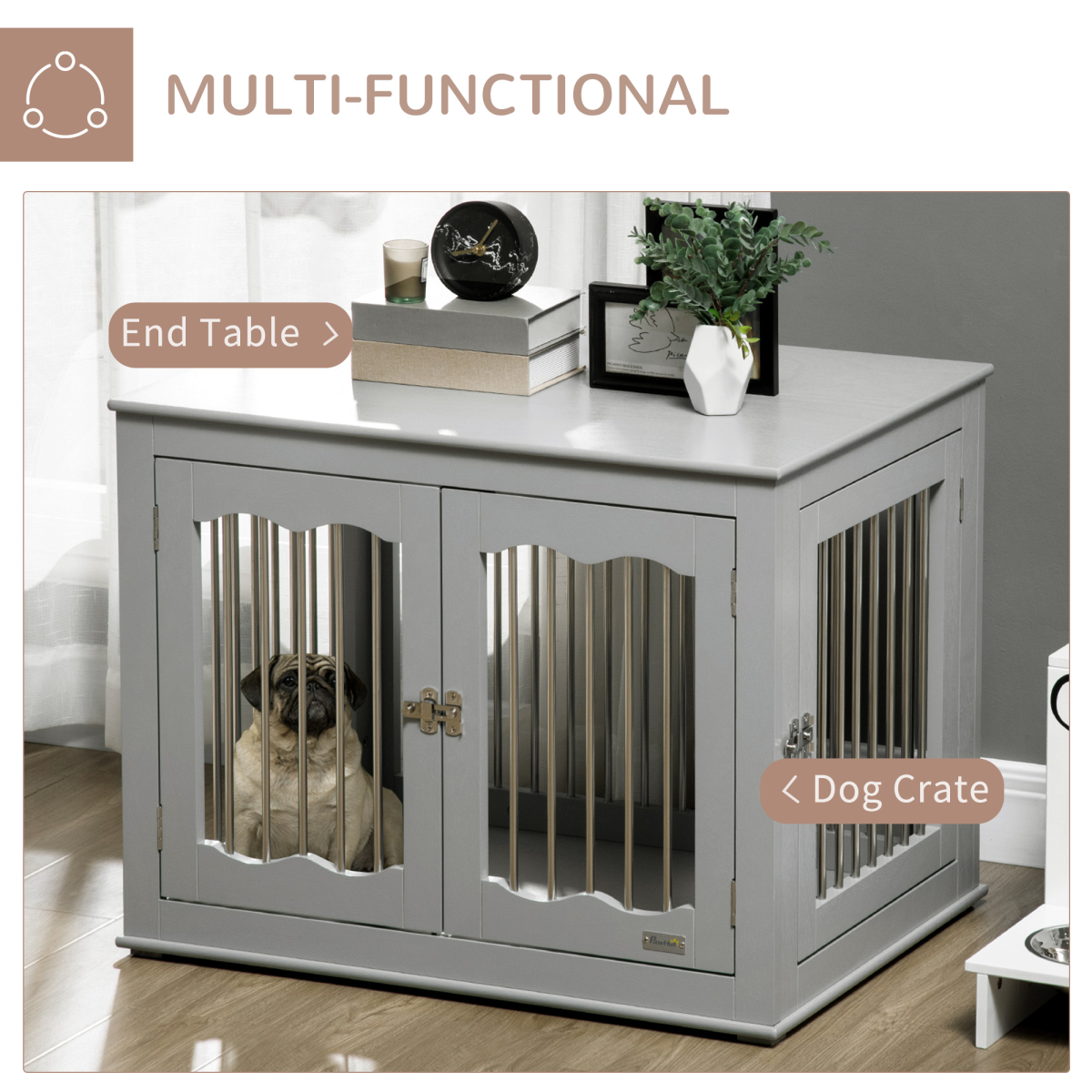 PawHut Wooden Dog Crate Furniture, 3-Door Side Table for Medium Dogs