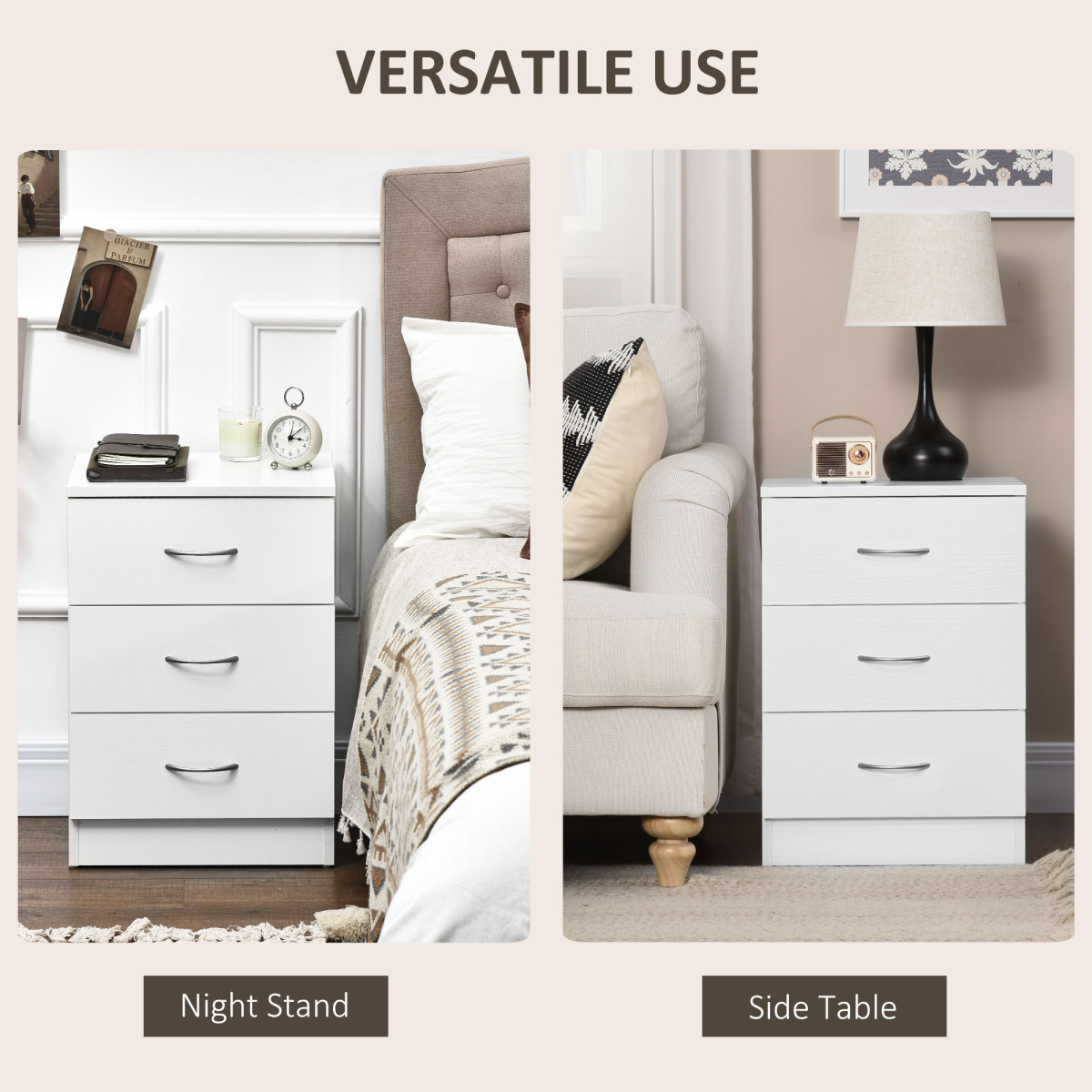 HOMCOM White 3-Drawer Bedside Table with Wood-Effect Finish