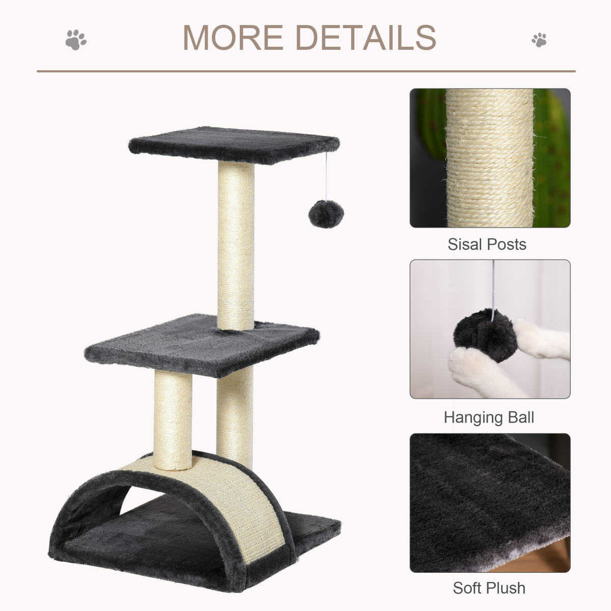 Grey Cat Tree Activity Center with Sisal Scratching Posts, Arched Scratching Pad, Perches and Hanging Play Ball