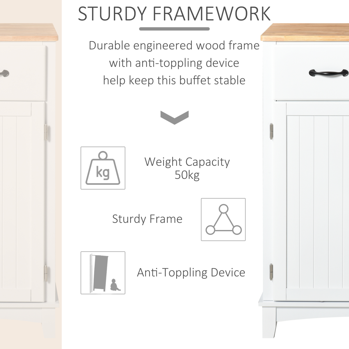 Kitchen Storage Cabinet with Wooden Top, Drawers & Shelf