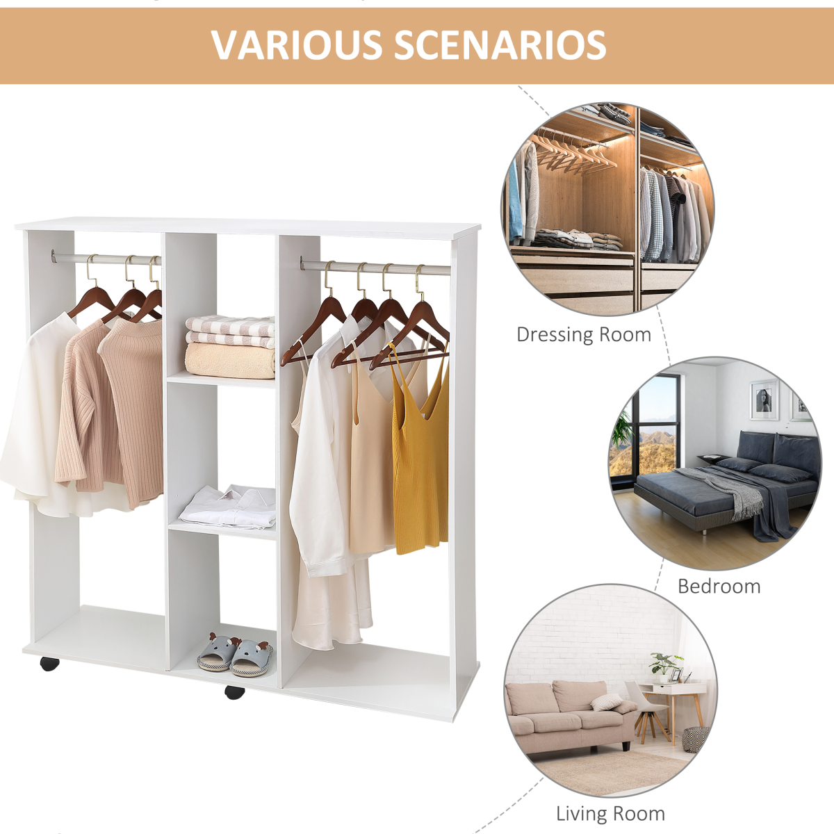 HOMCOM Mobile Double Open Wardrobe with 2 Rails, 3-Tier Cubes, White